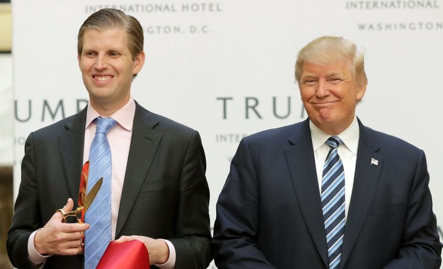 President Trump pictured with his son at a ribbon cutting for Trump Tower. 