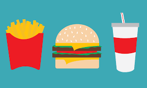Illustration of a french fries, a cheeseburger and soft drink.