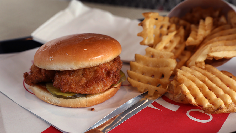 A chicken sandwich with waffle fries is pictured at the Chick-Fil-A restaurant in Dedham, MA on Nov. 8, 2017