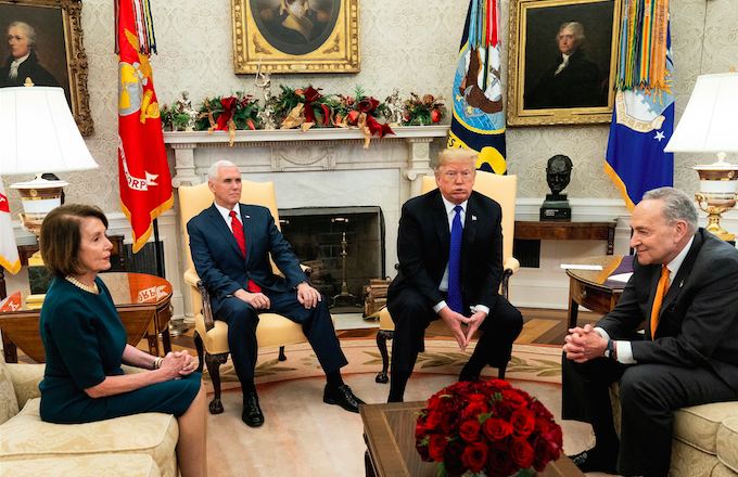 President Donald Trump, Vice President Mike Pence, and Democratic congressional officials Nancy Pelosi and Chuck Schumer meet to discuss border security. 