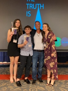 On Friday, April 26th, 2019, three students from OCSA celebrated their publication in the Page15 anthology.
Pictured from left to right: Delaney Lazarus, Justin Nazario, Mr. Brian Capley, and Mackenzie Riley.