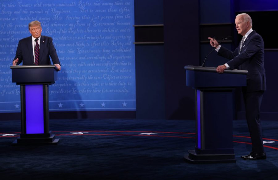 President Donald Trump and Democratic presidential nominee Joe Biden participate in the first presidential debate at the Health Education Campus of Case Western Reserve University on September 29, 2020 in Cleveland, Ohio. 