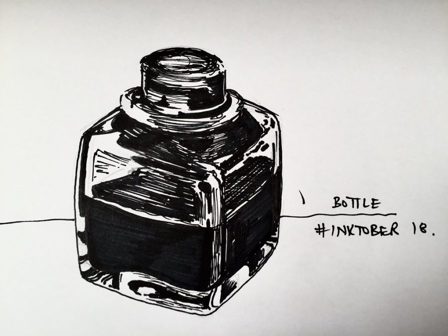 A ink drawing of a bottle of ink