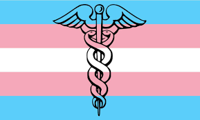 Trans flag with a medical symbol on it. 