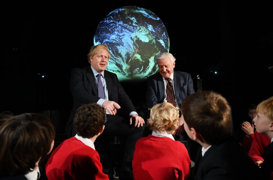 Boris Johnson and Sir David Attenborough talk to school children at the Science Museum for Launch about the UK hosting of the 26th UN Climate Change Conference.