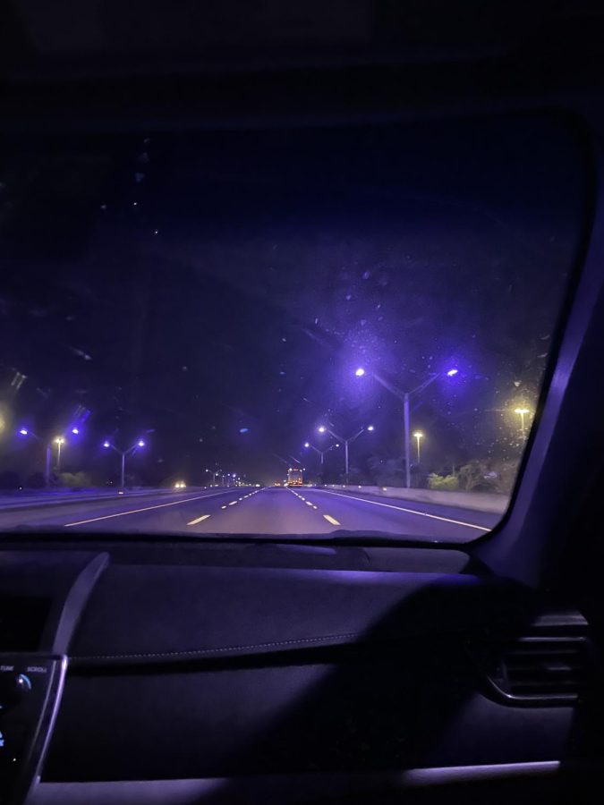 Purple highway lights along I-4.