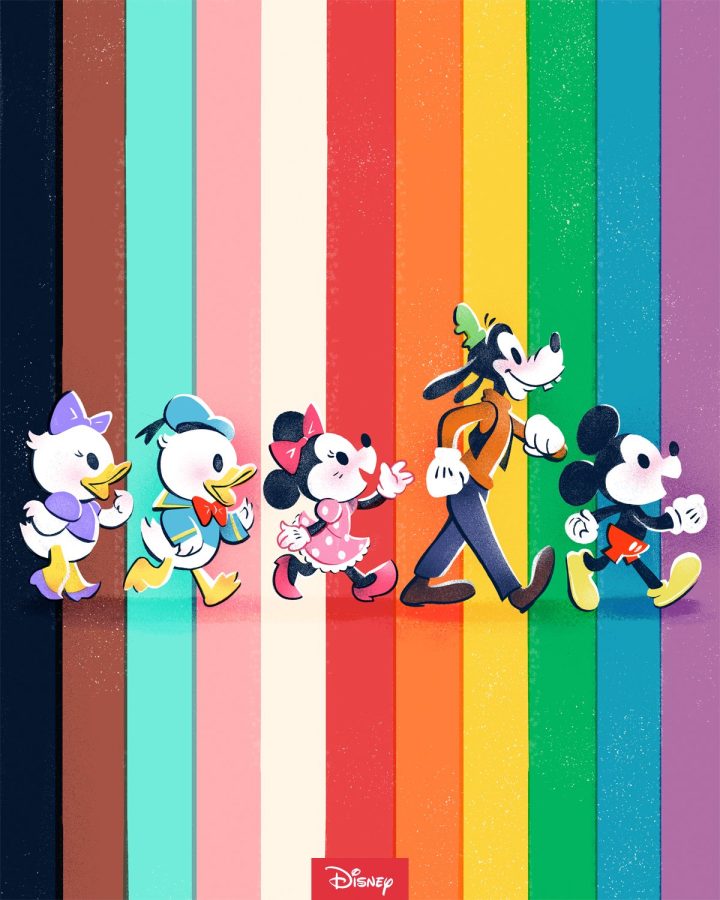 Prominent Disney characters walk in front of a rainbow background as a celebration for Pride Month. This picture was featured in one of Disney’s Twitter posts.