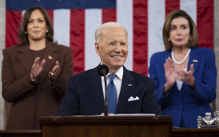 President Joe Biden delivers his first State of the Union address to a joint session of Congress at the Capitol, joined by Vice President Kamala Harris and House Speaker Nancy Pelosi of California.