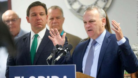 Florida Department of Education Commissioner Richard Corcoran discusses the impact of Bill SB 1048 alongside Florida Governor Ron DeSantis during a morning press conference at Florosa Elementary School on March 17, 2022.