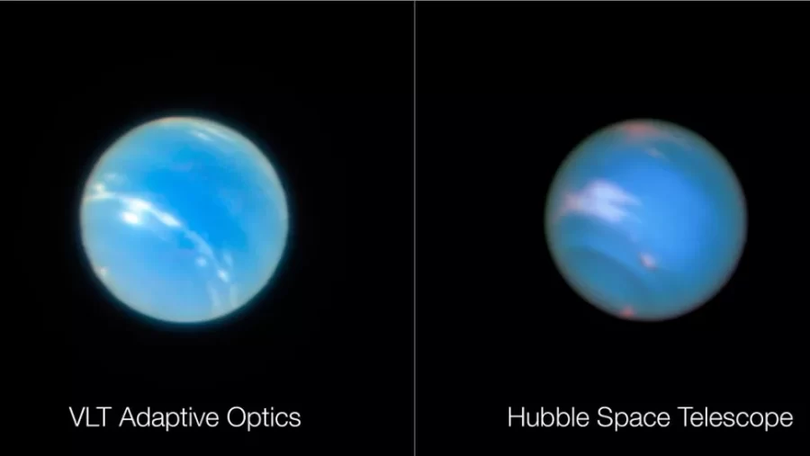 An image of Neptune taken by the Very Large Telescope of the European Southern Observatory (right), and one by the Hubble Space Telescope (left).