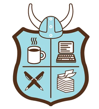 The NaNoWriMo coat of arms includes a writer's most valuable necessities.