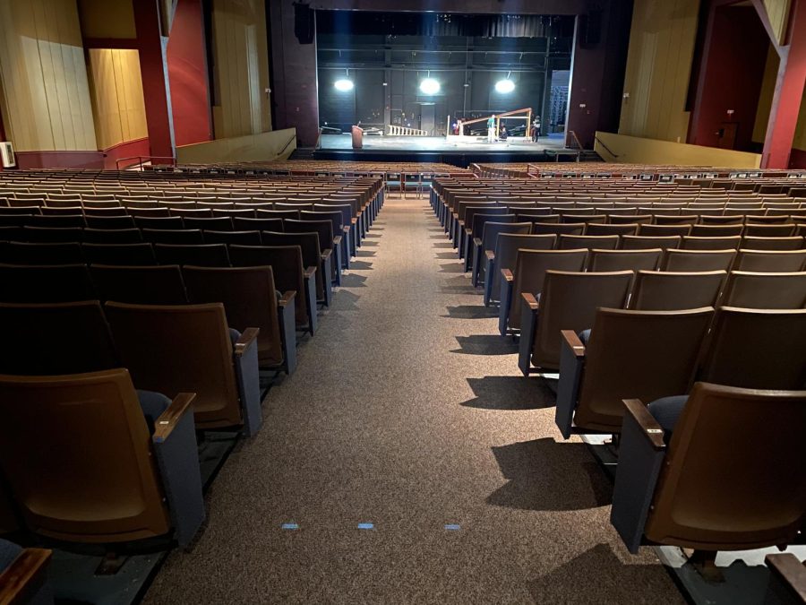 The auditorium after its repairs such as the carpet change. 