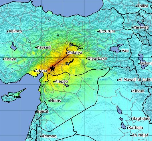 A map of the area of Turkey and Syria showing where the Earthquake struck.