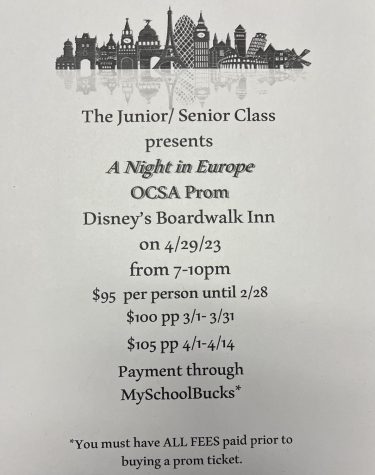 The flyer for this years prom, A Night in Europe.