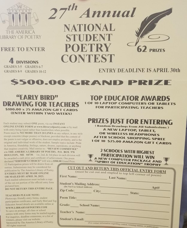 The+Nation+Student+Poetry+Contest+flyer%2C+viewable+in+Brian+Capleys+classroom.+