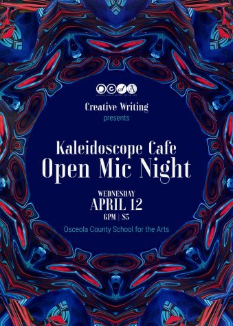 The official poster for OCSAs open-mic night, Kaleidoscope Cafe.
