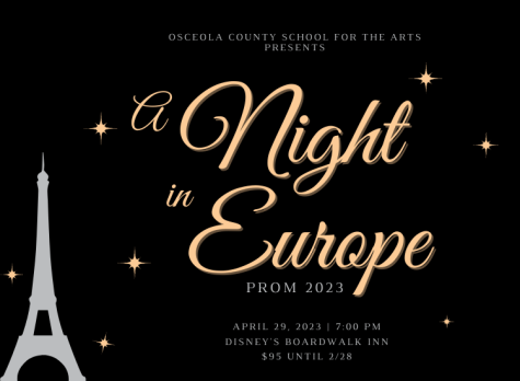 OCSAs Official 2023 Prom Flyer with the theme, A Night in Europe. 