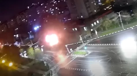 Point of impact of the accidental explosive in Belgorod, Russia as captured on a traffic cam.