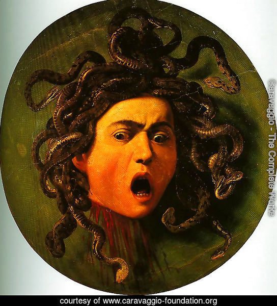 A depiction of Medusa, a devotee priestess of Athena who was turned into a gorgon. 