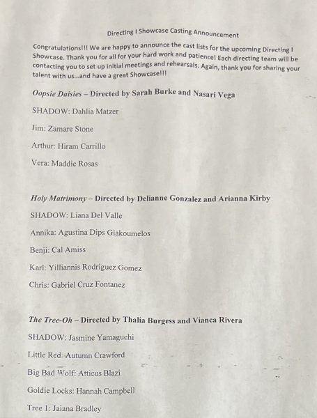 Heres the cast list for some of the directig showcase pieces! Be sure to be there and watch your fellow peers perform!