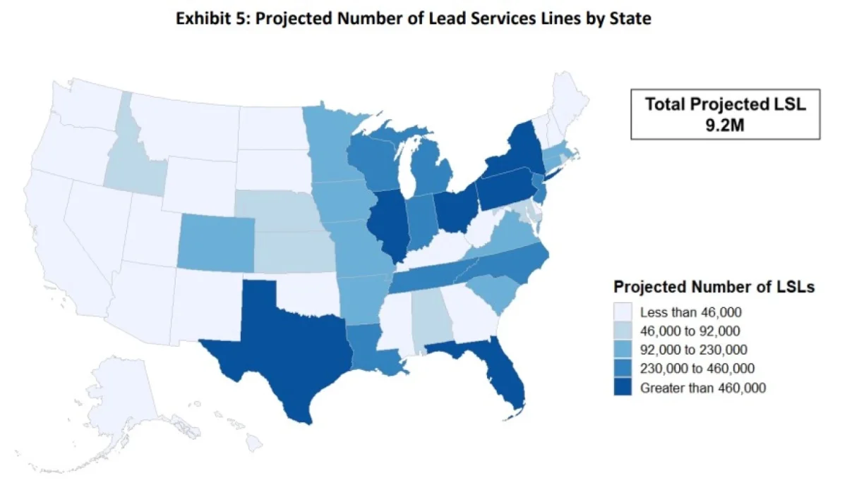 A map from the Environmental Protection Agency revealing the number of lead service lines across the country.