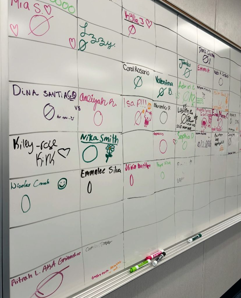 Creative writing art director Brian Capley's classroom continues the tradition of having students log their words on the board. Friendly competitions have begun!