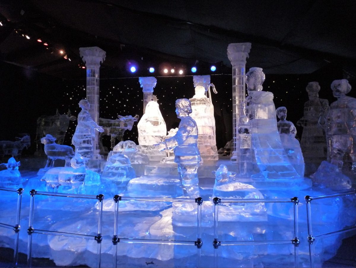 The Nativity in crystal clear ice display.