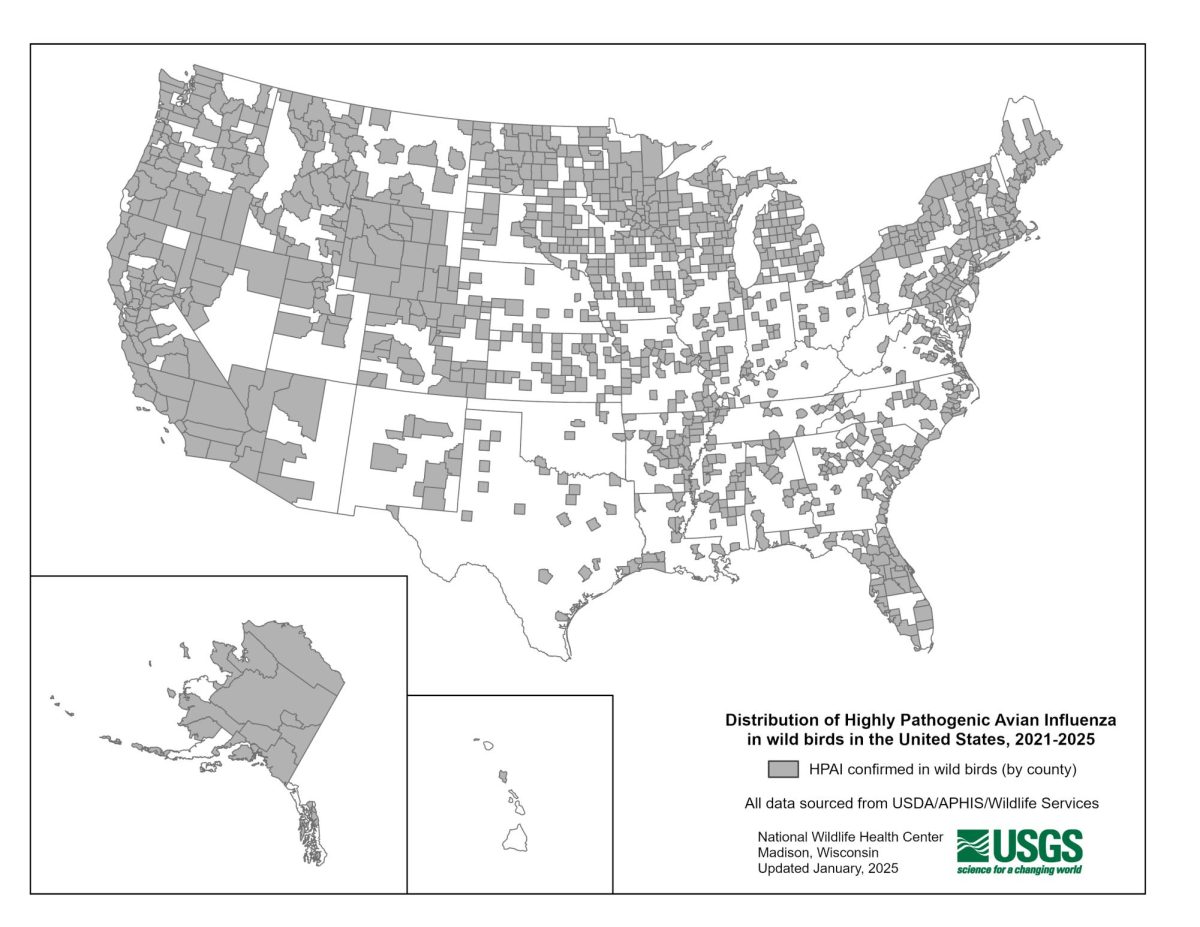 The distribution of HPAI H5 and H5N1 in North America, from 2021 to 2025.