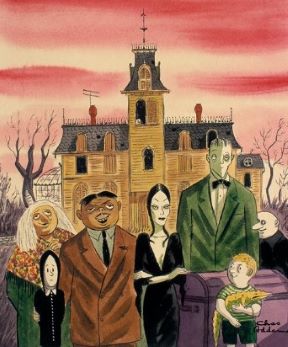 The Addams Family, as they originally appeared in The New Yorker comic strips, drawn by Charles Addams.