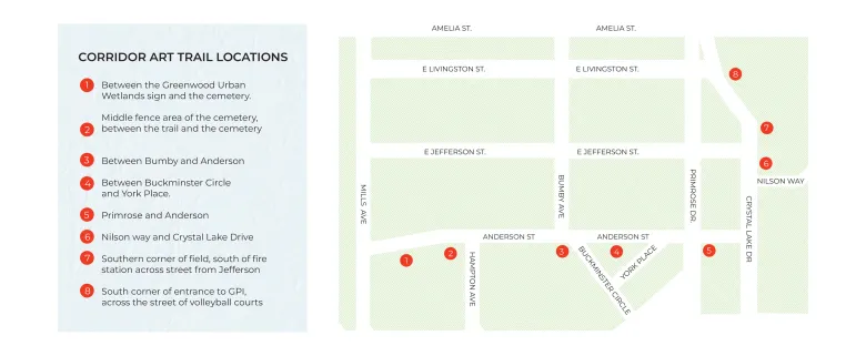 A map marking each sign along the corridor art trail.