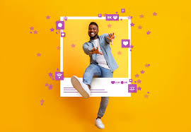 A person jumping out of a social media post surrounded by likes, comments, and shares.