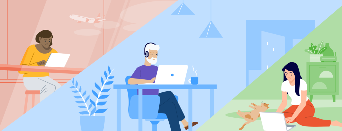 Three people working on their laptops from home.