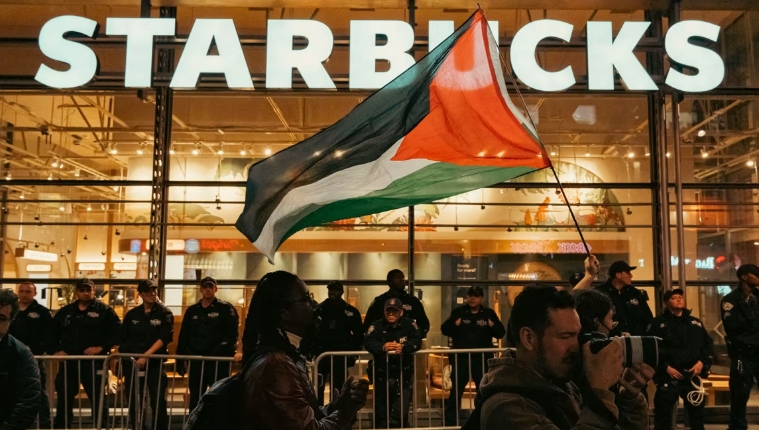New York City demonstrators in front of Starbucks store.