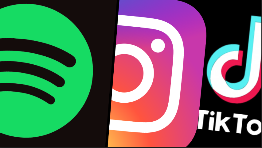 The Spotify, Instagram, and TikTok logos overlayed over each other as present in the public domain. Logos from Creative Commons.