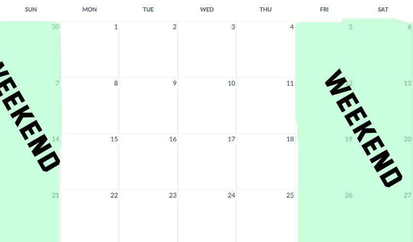 A calendar with Friday also marked as a weekend as it would be during a four-day workweek