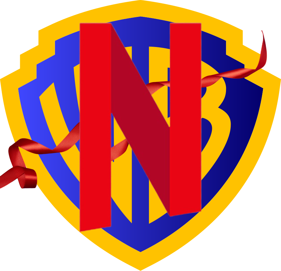 The Netflix 'N' logo overlayed on the Warner Bros. logo with a ribbon running across it