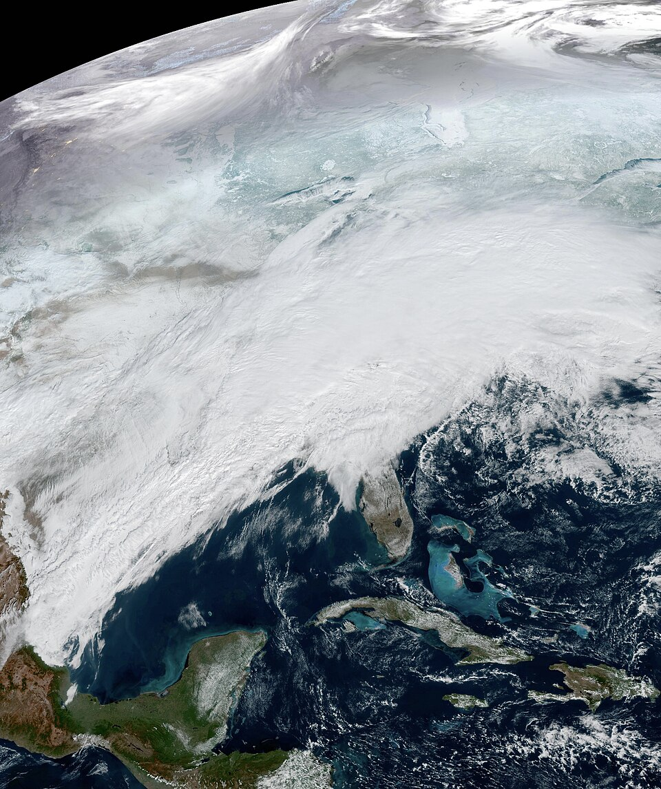 A GeoColor image of the storm system responsible for the winter storm across the Midwest, Northeast, and parts of Canada, an ice storm in the Southeast, and a severe weather outbreak in Florida captured by GOES-19 on January 25, 2026