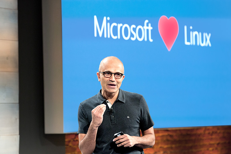 Nadella leads a live discussion on Microsoft's cloud strategy in 2014 in San Francisco.

