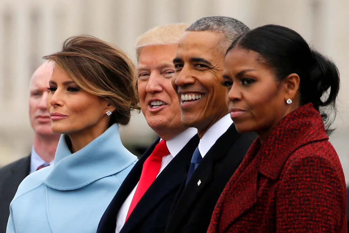 President Donald Trump and first lady Melania Trump seeing off former U.S. President Barack Obama and his wife Michelle Obama as they depart following Trump's inauguration at the Capitol in Washington, U.S. January 20, 2017.