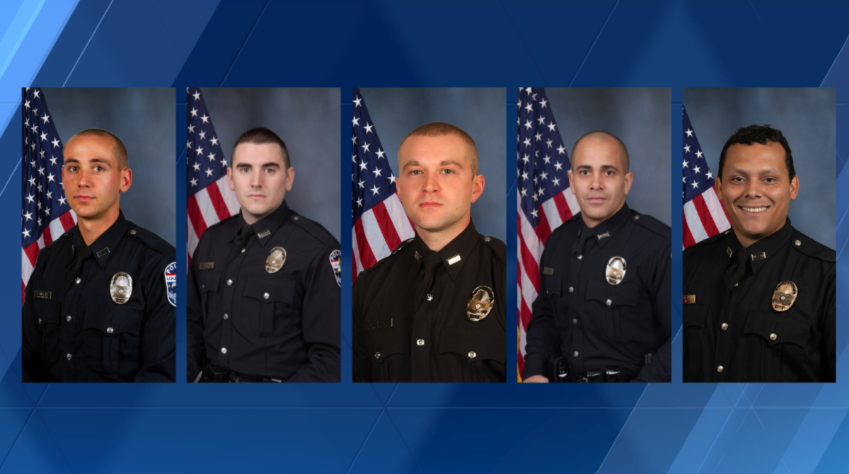 Photo of the officers involved in the shooting, from left to right: Stovall, Leek, Sauer, Forbes, Arnwine
